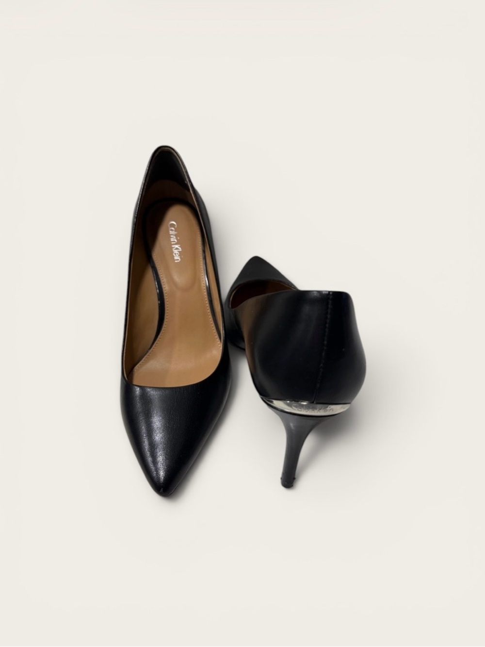Calvin Klein Black Pointed Toe Leather Pumps with Stiletto Heel